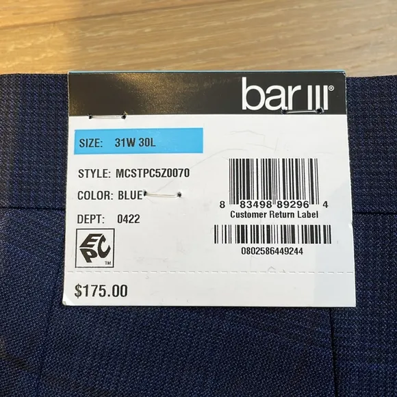 Bar III Men’s Slim Fit Plaid Blue Wool Suit Dress Pants 31Wx30L