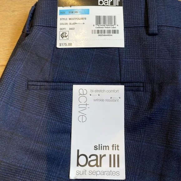 Bar III Men’s Slim Fit Plaid Blue Wool Suit Dress Pants 31Wx30L