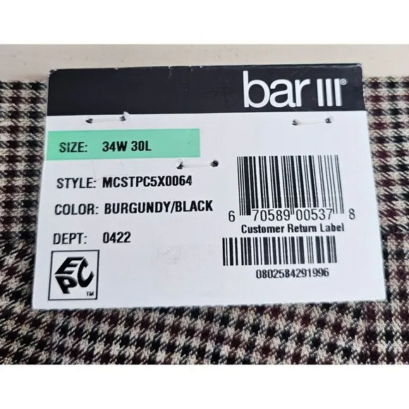 Bar III Slim-Fit Burgundy Black Check Men's Dress Pants Size 34 x 30