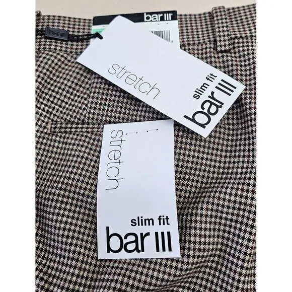 Bar III Slim-Fit Burgundy Black Check Men's Dress Pants Size 34 x 30