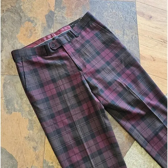 Bar III Slim-Fit Burgundy Plaid Men's Dress Pants Size 29 x 30