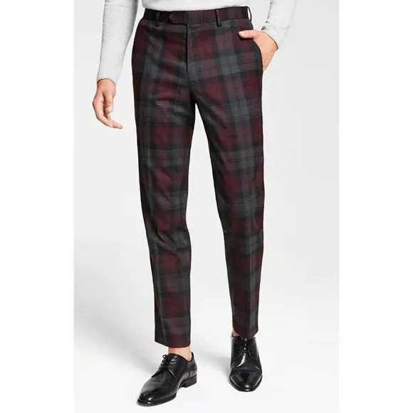 Bar III Slim-Fit Burgundy Plaid Men's Dress Pants Size 29 x 30