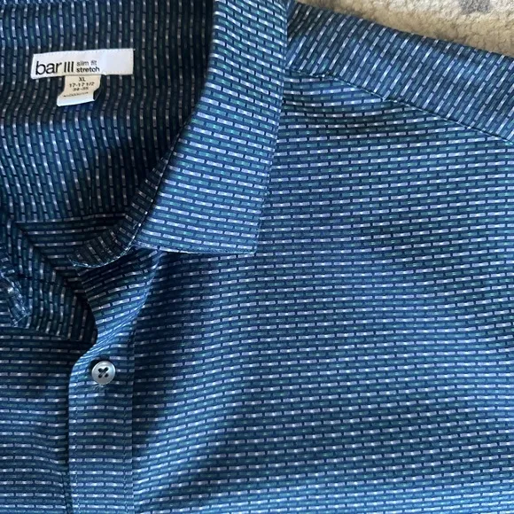 Bar III Slim Fit Stretch Men’s Button-Up Print Dress Shirt Navy Blue XL 17.5