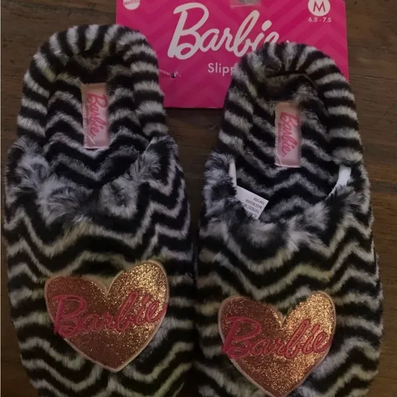 Barbie Zebra Print‎ Glitter Heart Logo Memory Foam Slippers