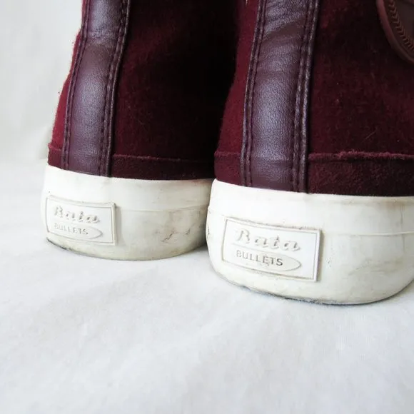 BATA BULLETS Hi Top Wool Leather Sneakers in Maroon Red Size Mens 8, Womens 9