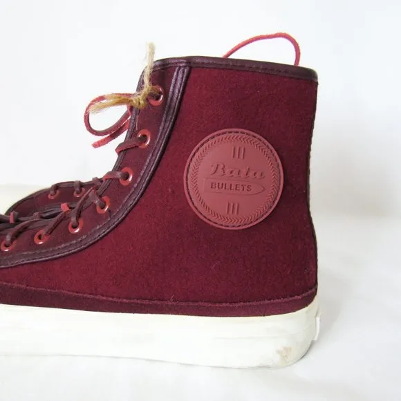 BATA BULLETS Hi Top Wool Leather Sneakers in Maroon Red Size Mens 8, Womens 9