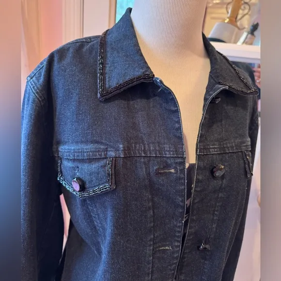 Beaded denim jacket Jones New York Signature Jean blazer black sequin holiday XL