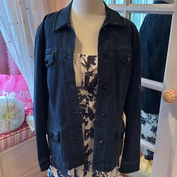 Beaded denim jacket Jones New York Signature Jean blazer black sequin holiday XL