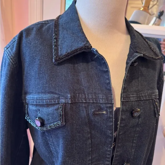 Beaded denim jacket Jones New York Signature Jean blazer black sequin holiday XL