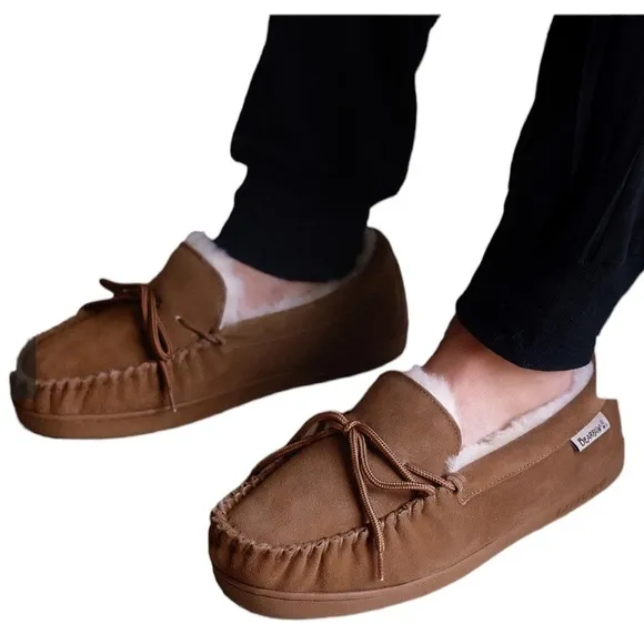 BEARPAW Moc II Wide Hickory Suede Slip On w Sheepskin Lining &amp; Thick Comfy Sole