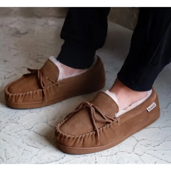 Bearpaw Slippers Mens 11 Moccasins‎ Tan Suede Sheepskin New