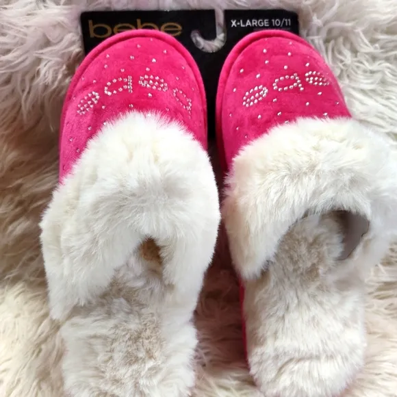 Bebe rhinestone fuschia Pink faux fur Molly memory foam slippers size xl 10/11