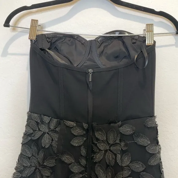 BEBE X NAVEN Strapless Bustier Maxi Dress Embroidered Body Black Size 00