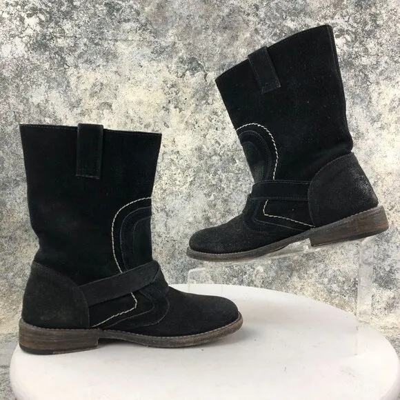 Bed Stu Women's Size 7 Angels Motors Black Suede Leather Mid Calf Moto Boots
