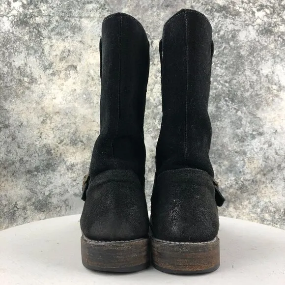 Bed Stu Women's Size 7 Angels Motors Black Suede Leather Mid Calf Moto Boots