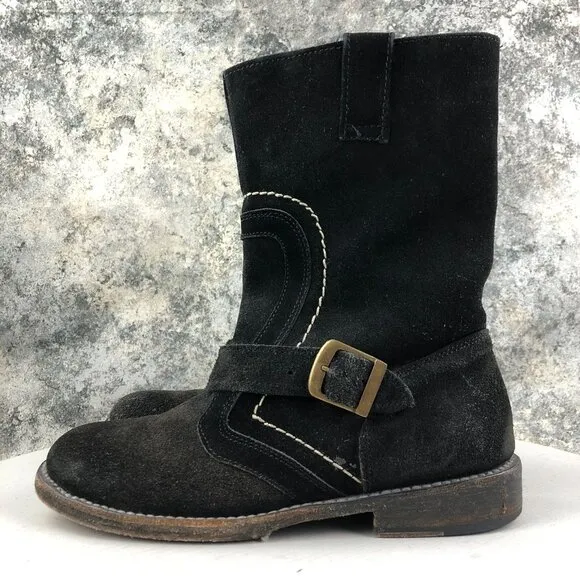 Bed Stu Women's Size 7 Angels Motors Black Suede Leather Mid Calf Moto Boots