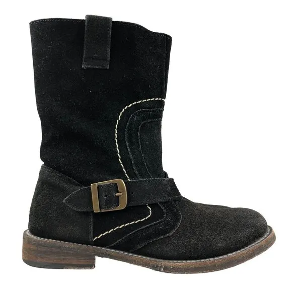 Bed Stu Women's Size 7 Angels Motors Black Suede Leather Mid Calf Moto Boots