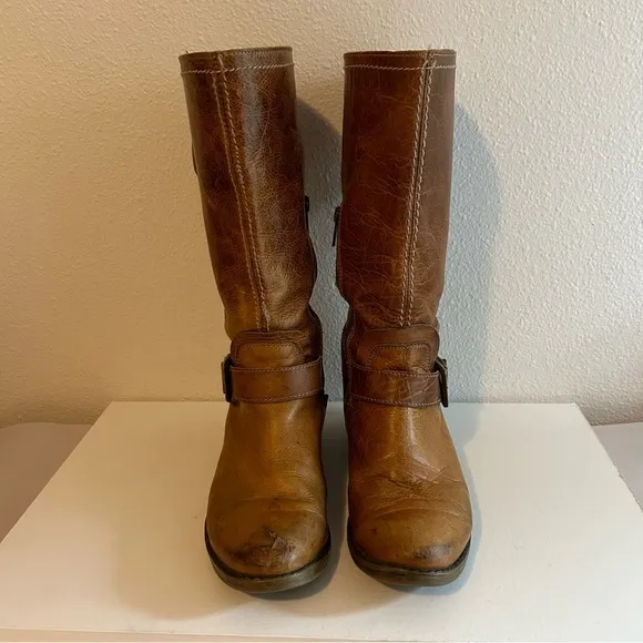 BED|STU tan genuine leather distressed zip mid calf boots size 7.5 buckle detail
