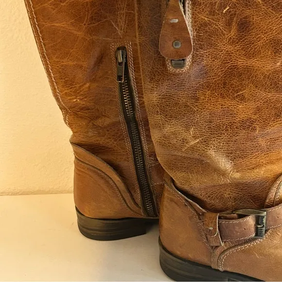BED|STU tan genuine leather distressed zip mid calf boots size 7.5 buckle detail