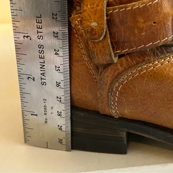 BED|STU tan genuine leather distressed zip mid calf boots size 7.5 buckle detail