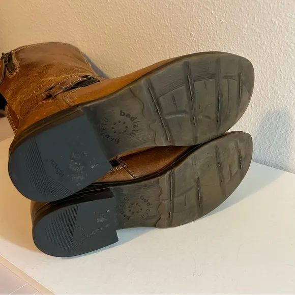 BED|STU tan genuine leather distressed zip mid calf boots size 7.5 buckle detail
