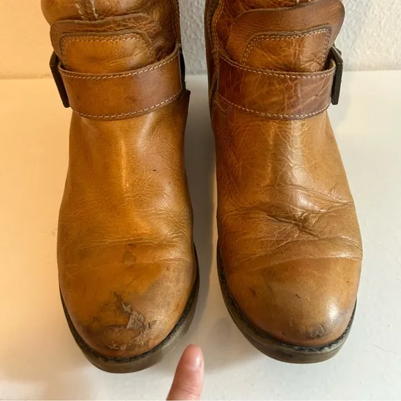BED|STU tan genuine leather distressed zip mid calf boots size 7.5 buckle detail