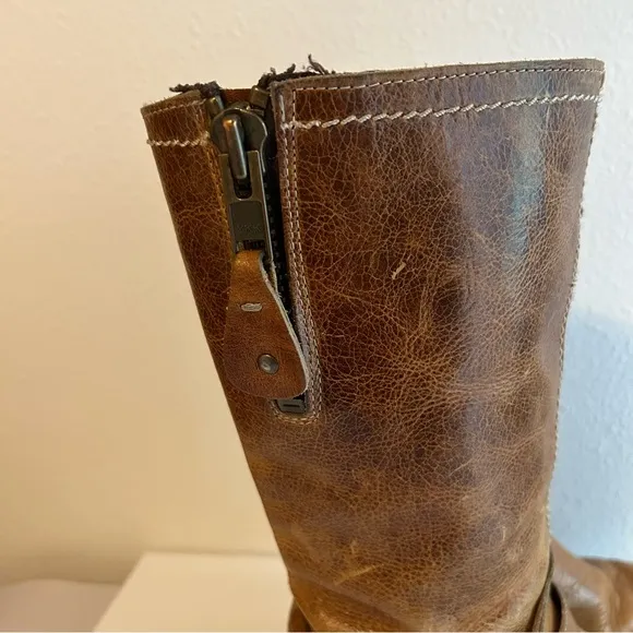 BED|STU tan genuine leather distressed zip mid calf boots size 7.5 buckle detail