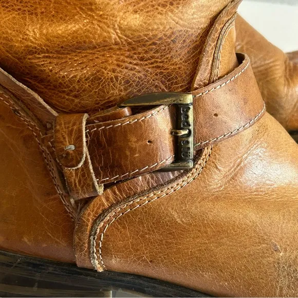 BED|STU tan genuine leather distressed zip mid calf boots size 7.5 buckle detail