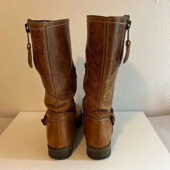 BED|STU tan genuine leather distressed zip mid calf boots size 7.5 buckle detail