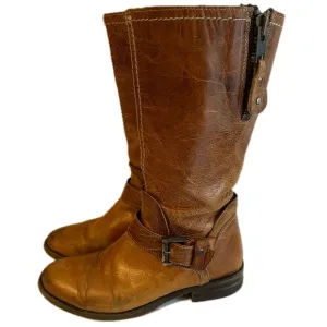 BED|STU tan genuine leather distressed zip mid calf boots size 7.5 buckle detail