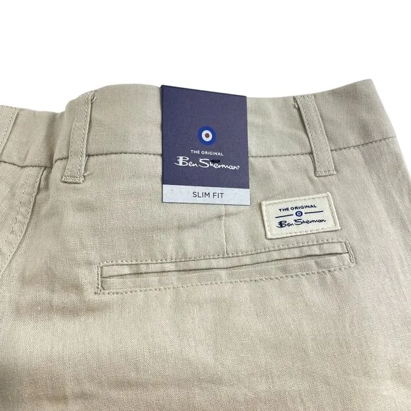 Ben Sherman Men's Khaki Slim Fit Linen Blend Chino Pants Sz 33 x 34 NWT