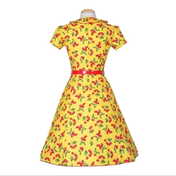 Bernie Dexter Yellow Cherry Print Dress Small - 1940s Retro Rockabilly Pin-Up