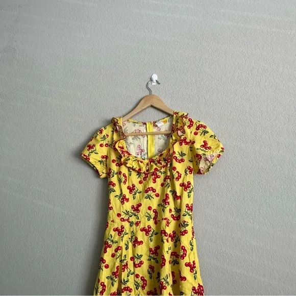 Bernie Dexter Yellow Cherry Print Dress Small - 1940s Retro Rockabilly Pin-Up