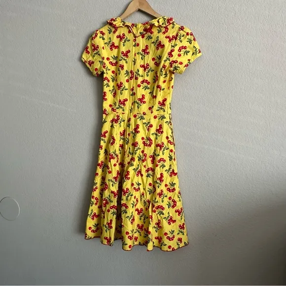 Bernie Dexter Yellow Cherry Print Dress Small - 1940s Retro Rockabilly Pin-Up
