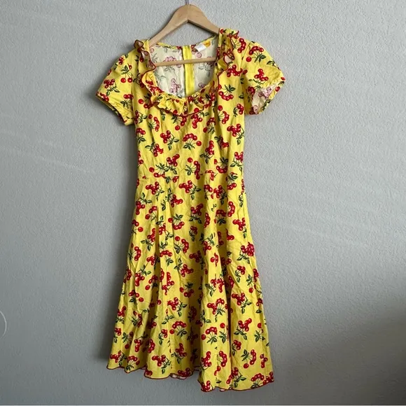 Bernie Dexter Yellow Cherry Print Dress Small - 1940s Retro Rockabilly Pin-Up
