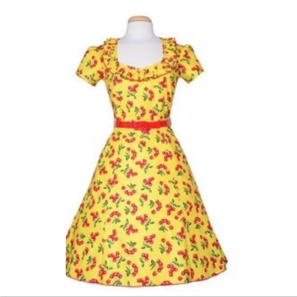 Bernie Dexter Yellow Cherry Print Dress Small - 1940s Retro Rockabilly Pin-Up