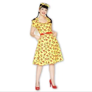 Bernie Dexter Yellow Cherry Print Dress Small - 1940s Retro Rockabilly Pin-Up
