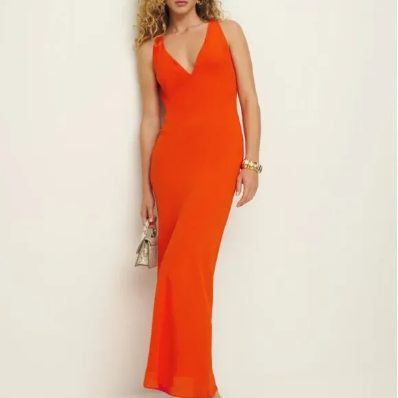 BEST Reformation Siana Dress Maxi V-Neck Dress Sz6 Paprika Orange Party Cocktail