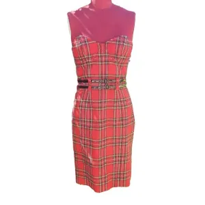 Betsey Johnson Mini Dress Red Tartan Plaid Strapless Double Patent Belt 6