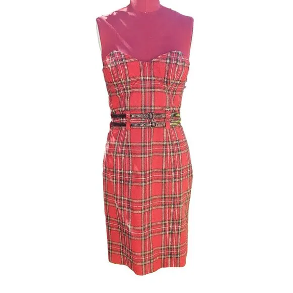 Betsey Johnson Mini Dress Red Tartan Plaid Strapless Double Patent Belt 6