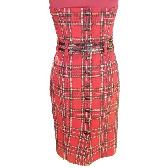Betsey Johnson Mini Dress Red Tartan Plaid Strapless Double Patent Belt 6