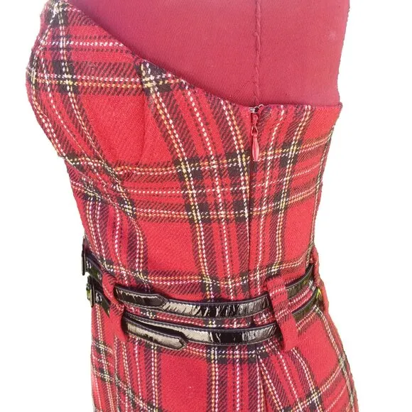 Betsey Johnson Mini Dress Red Tartan Plaid Strapless Double Patent Belt 6
