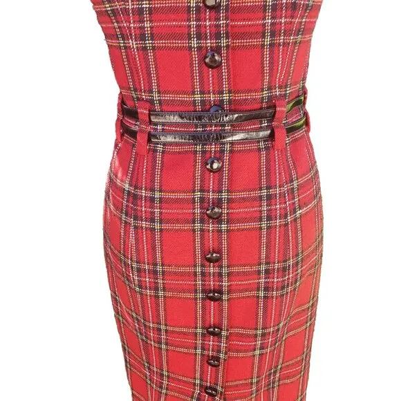 Betsey Johnson Mini Dress Red Tartan Plaid Strapless Double Patent Belt 6