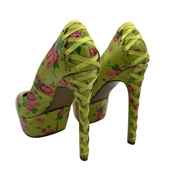 Betsey Johnson NEW Women 5M Floral Green High Heel Platform Pumps Lace Up Ribbon