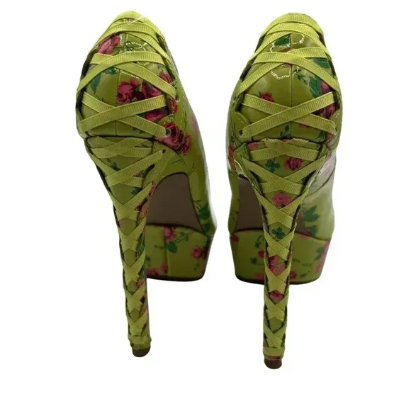 Betsey Johnson NEW Women 5M Floral Green High Heel Platform Pumps Lace Up Ribbon