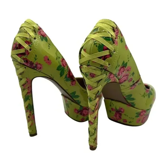 Betsey Johnson NEW Women 5M Floral Green High Heel Platform Pumps Lace Up Ribbon