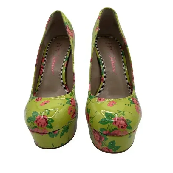 Betsey Johnson NEW Women 5M Floral Green High Heel Platform Pumps Lace Up Ribbon