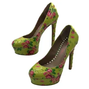 Betsey Johnson NEW Women 5M Floral Green High Heel Platform Pumps Lace Up Ribbon