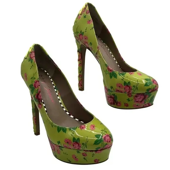 Betsey Johnson NEW Women 5M Floral Green High Heel Platform Pumps Lace Up Ribbon