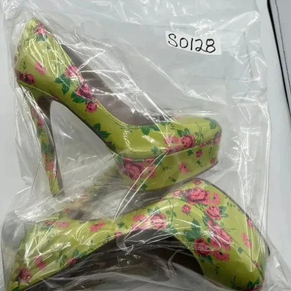 Betsey Johnson NEW Women 5M Floral Green High Heel Platform Pumps Lace Up Ribbon